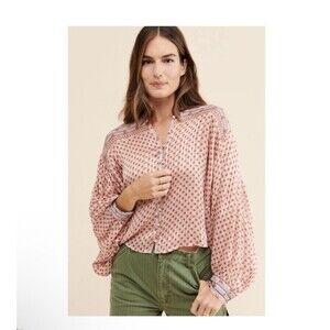 Urban Outfitters XS UO Ezra Printed Button-Front Blouse Semi Sheer Boho Peasant